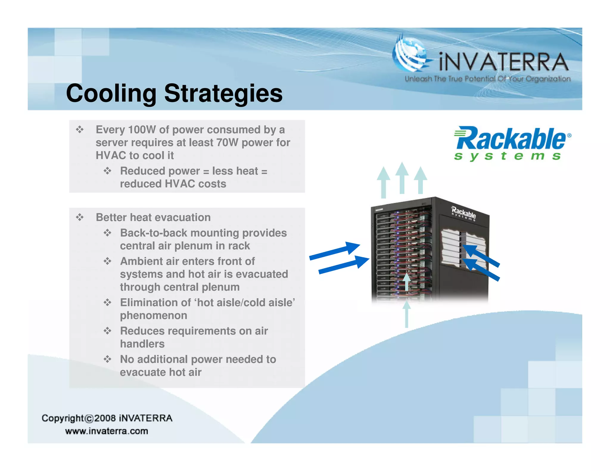 Cooling Strategies
  Every 100W of power consumed by a
  server requires at least 70W power for
  HVAC to cool it
      Reduced power = less heat =
      reduced HVAC costs


  Better heat evacuation
       Back-to-back mounting provides
       central air plenum in rack
       Ambient air enters front of
       systems and hot air is evacuated
       through central plenum
       Elimination of ‘hot aisle/cold aisle’
       phenomenon
       Reduces requirements on air
       handlers
       No additional power needed to
       evacuate hot air
 