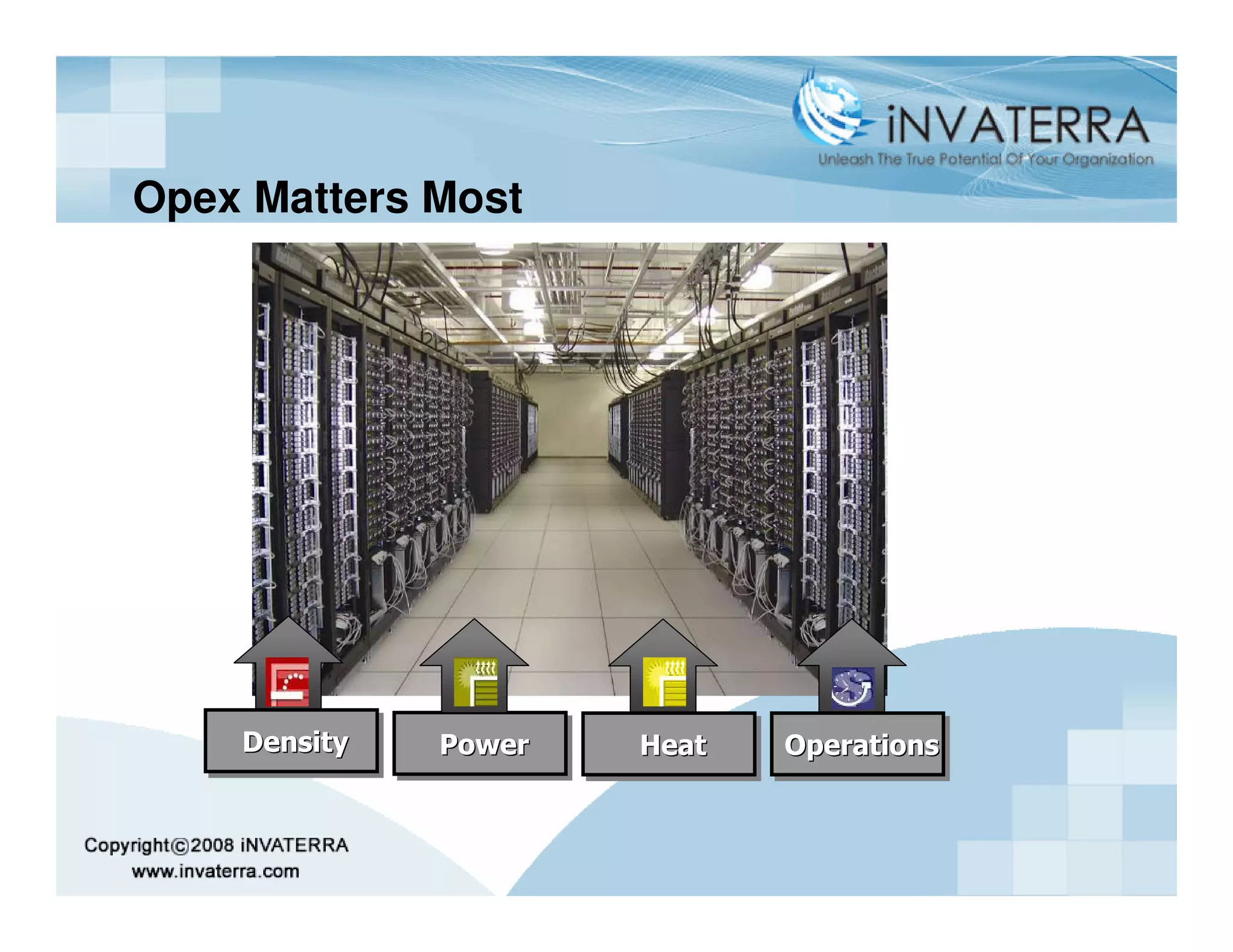 Opex Matters Most




    Density
    Density   Power
              Power   Heat
                      Heat   Operations
                             Operations
 