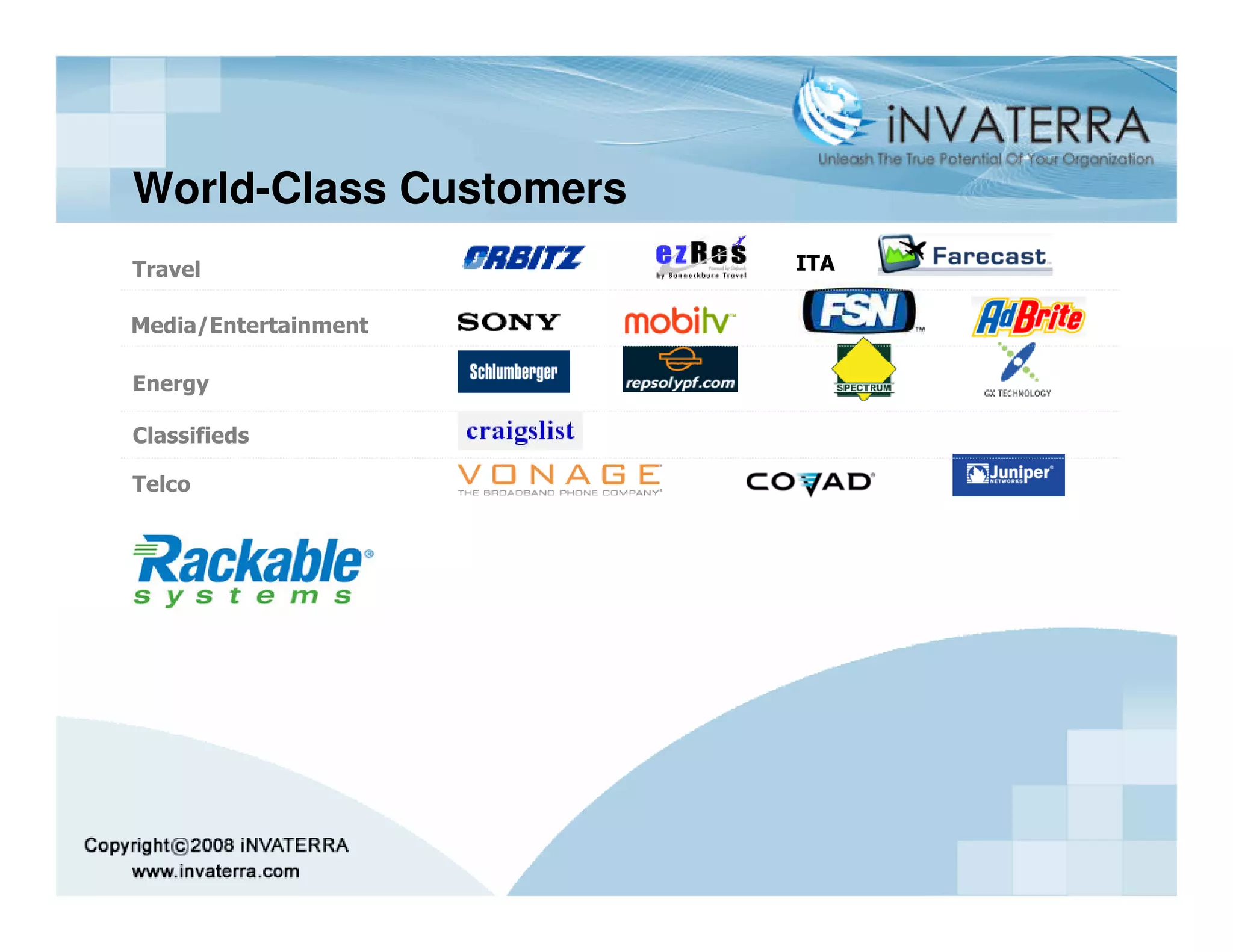 World-Class Customers
Travel                  ITA

Media/Entertainment

Energy

Classifieds

Telco
 