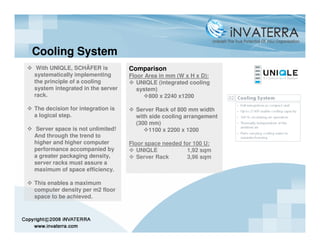 Cooling System
 With UNIQLE, SCHÄFER is          Comparison
systematically implementing       Floor Area in mm (W x H x D):
the principle of a cooling           UNIQLE (integrated cooling
system integrated in the server      system)
rack.                                    800 x 2240 x1200

The decision for integration is     Server Rack of 800 mm width
a logical step.                     with side cooling arrangement
                                    (300 mm)
 Server space is not unlimited!          1100 x 2200 x 1200
And through the trend to
higher and higher computer        Floor space needed for 100 U:
performance accompanied by           UNIQLE            1,92 sqm
a greater packaging density,         Server Rack       3,96 sqm
server racks must assure a
maximum of space efficiency.

This enables a maximum
computer density per m2 floor
space to be achieved.
 