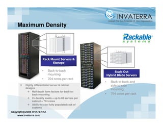 Maximum Density




                Rack Mount Servers &
                      Storage

                •    Back-to-back                          Scale Out
                     mounting                         Hybrid Blade Servers
                •    704 cores per rack
                                                  •     Back-to-back and
  Highly differentiated server & cabinet                side-to-side
  designs
                                                        mounting
       Half-depth form factors for back-to-
       back mounting                              •     704 cores per rack
       2x density levels = up to 88 servers per
       cabinet = 704 cores
       Ability to cool fully populated rack of
       systems
 