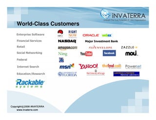 World-Class Customers
Enterprise Software

Financial Services      Major Investment Bank
Retail

Social Networking

Federal

Internet Search

Education/Research
 