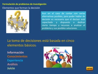 Formulación de problemas de Investigación
Elementos que forman la decisión
                                    Aun en el caso de contar con varias
                                    alternativas posibles, para poder hablar de
                                    decisión es necesario que el decisor esté
                                    capacitado y dispuesto a dedicar
                                    cierto tiempo y recursos a analizar el
                                    problema y sus posibles soluciones.




    La toma de decisiones está basada en cinco
    elementos básicos:
    Información
    Conocimientos
    Experiencia
    Análisis
    Juicio
 