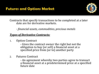 Globalization of Financial MarketsGlobalization – refers to integration of financial markets throughout the worldFactors that lead to globalization:Deregulation or LiberalizationTechnological Advancements- monitoring world markets, executing orders, analyzing financial opportunitiesIncreased Institutionalization of financial markets	- no longer dominated by retail or individual investors