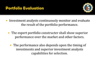 Portfolio EvaluationPortfolio evaluating refers to the evaluation of the performance of the portfolio. It is essentially the process of comparing the return earned on a portfolio with the return earned on one or more other portfolio or on a benchmark portfolio.