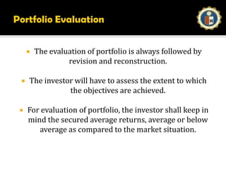 Portfolio EvaluationPortfolio evaluation essentially comprises of two functions, performance measurement and performance evaluation. Performance measurement is an accounting function which measures the return earned on a portfolio during the holding period or investment period. Performance evaluation , on the other hand, address such issues as whether the performance was superior or inferior, whether the performance was due to skill or luck etc.