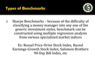 (c) Jensen’s Measure:Jensen attempts to construct a measure of absolute performance on a risk adjusted basis. This measure is based on CAPM model. It measures the portfolio manager’s predictive ability to achieve higher return than expected for the accepted riskiness. The ability to earn returns through successful prediction of security prices on a standard measurement.