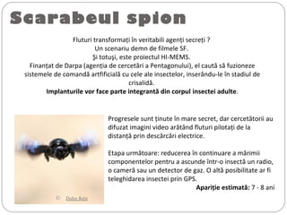Scarabeul spion
 ©  Didier Belot
Fluturi transformaţi în veritabili agenţi secreţi ?
Un scenariu demn de filmele SF.
Şi totuşi, este proiectul HI-MEMS.
Finanţat de Darpa (agenţia de cercetări a Pentagonului), el caută să fuzioneze
sistemele de comandă artfificială cu cele ale insectelor, inserându-le în stadiul de
crisalidă.
Implanturile vor face parte integrantă din corpul insectei adulte.
Progresele sunt ţinute în mare secret, dar cercetătorii au
difuzat imagini video arătând fluturi pilotaţi de la
distanţă prin descărcări electrice.
Etapa următoare: reducerea în continuare a mărimii
componentelor pentru a ascunde într-o insectă un radio,
o cameră sau un detector de gaz. O altă posibilitate ar fi
teleghidarea insectei prin GPS.
Apariţie estimată: 7 - 8 ani
 