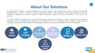 14
As organisations transform to digital enterprises, their market valuation, will be determined by how well they leverage their
intangible assets. That is IT systems, content management systems, CRM databases, digital asset management systems,
transactional databases, procurement systems, royalty management systems and business applications in the cloud or on-
premise.
The ability to optimise the latent value inherent of digital assets held within these systems, maybe a major source of competitive
advantage. Thus it is imperative for organisations, to collaborate with an IT consultancy, with a pedigree in eliminating the
complexity, associated with the integration of technologies, products and services provided by multi-vendor components
About Our Solutions
SAP
HYBRIS
SAP
HANA
SAP BUSINESS
INTELLIGENCE
SAP
MOBILE
SAP
ANALYTICS
SAP BUSINESS
ALL IN ONE
TAX &
REVENUE
MGMT
 