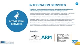 27
Collaborate with an integration specialist to remove the headache associated
with integrating complex business applications and legacy systems.
Business applications rarely live in isolation. Today, users expect instant access to all business
functions an enterprise can offer, regardless of which system the functionality resides in.
Invenio’s Enterprise Application Integration services are designed for our customers to enable:
Information Sharing – Enabling the flow of information between separate software programs within
and from outside the company’s own computer systems and consolidate data collection efforts.
Process Automation – Streamlining the processes that include data or activity from multiple
software applications. For example, data from a CRM can be integrated with an e-mail marketing
platform to deliver targeted messages to customers based on prior behaviour or demographics.
Examples:
INTEGRATION SERVICES
INTEGRATION
SERVICES
 