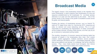 32
Broadcast Media
The biggest change in the broadcasting industry is the migration from
linear broadcasting, in which programs were broadcasted at a time and
sequence predetermined by the broadcaster. To non-linear services
delivered in an order and time determined by the viewer. One of the
primary drivers of this change is the growth in broadband access across
the globe, and internet speeds.
Enabling the delivery of broadcasting services, such as Internet TV,
catch-up TV, digital home video (i.e. over-the-top (OTT), streaming and
video on demand and social networking services. This is in part
responsible for accelerating the fragmentation of media consumption,
across multiple channels. Including mobile devices, via a free, pay as you
go, on-demand or subscription pricing models.
The resulting, divergence of consumer viewing and listening habits has
impacted all players in the broadcasting value chain, from content
creators, content aggregators, multiplex operators, service providers,
content distributors and device creators. Consolidating disparate, digital
data across platforms and devices, is a challenge, that will be critical for
success. Thus many media owners must re-imagine, their internal
operations, or their businesses to better serve mobile consumers.
.
 