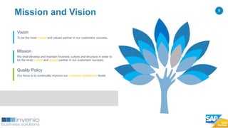 5
Mission and Vision
To be the most trusted and valued partner in our customers’ success.
Vision
We shall develop and maintain Invenios’ culture and structure in order to
be the most trusted and valued partner in our customers’ success.
Mission
Our focus is to continually improve our customer satisfaction levels
Quality Policy
 