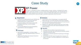 47
XP Power
Solutions
 Invenio built a roll-out methodology in consultation with XP
Power which was successfully executed using tools & templates
 Used the UK SAP setup as a template which was the best business
fit to meet the US operational requirements.
 Adoption of an agile project approach made the roll out simple,
running the whole process with reduced development cost and
project timelines.
Benefits
 Increased internal visibility of operational processes.
 Automate accounting, sales and production processes using an
integrated enterprise system.
 Reduced risk on business operations by phasing out the legacy
applications.
 A centralised SAP ERP system throughout the enterprise, XP
Power’s US region is now fully integrated for a unified view of
the business.
Requirement
Challenges
 North American geography is running on legacy
distribution system with huge deficiencies in terms of
reporting
 Inefficiency of handling intercompany transactions
between the group entities
Case Study
XP Power is committed to being a leading provider of power solutions, including AC-DC power
supplies and DC-DC converters. It is one of the world's leading developers and manufacturers of
power supply solutions for the electronics industry. XP offers total quality, from in-house design in
Asia, Europe and North America through to manufacturing facilities around the world.
 To streamline its operational processes and eliminate
inefficient practices such as manual inputs and
multiple data entries in several systems.
 To achieve visibility of information to assist with
tracking and reporting in an ever changing
environment
 To Incorporate different tax rules and regulatory
requirements to meet US compliance.
 