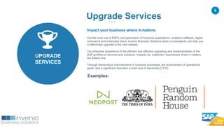 8
Impact your business where it matters:
Get the most out of SAP’s next generation of business applications, analytics software, digital
commerce and enterprise cloud. Invenio Business Solutions team of consultants can help you
to effectively upgrade to the next release.
Our extensive experience in the efficient and effective upgrading and implementation of the
SAP portfolio of services and solutions. Impacts our customers’ businesses where it matters,
the bottom line.
Through tremendous improvements in business processes, the achievement of operational
goals, and a significant reduction in total cost of ownership (TCO).
.
Examples:
Upgrade Services
UPGRADE
SERVICES
 