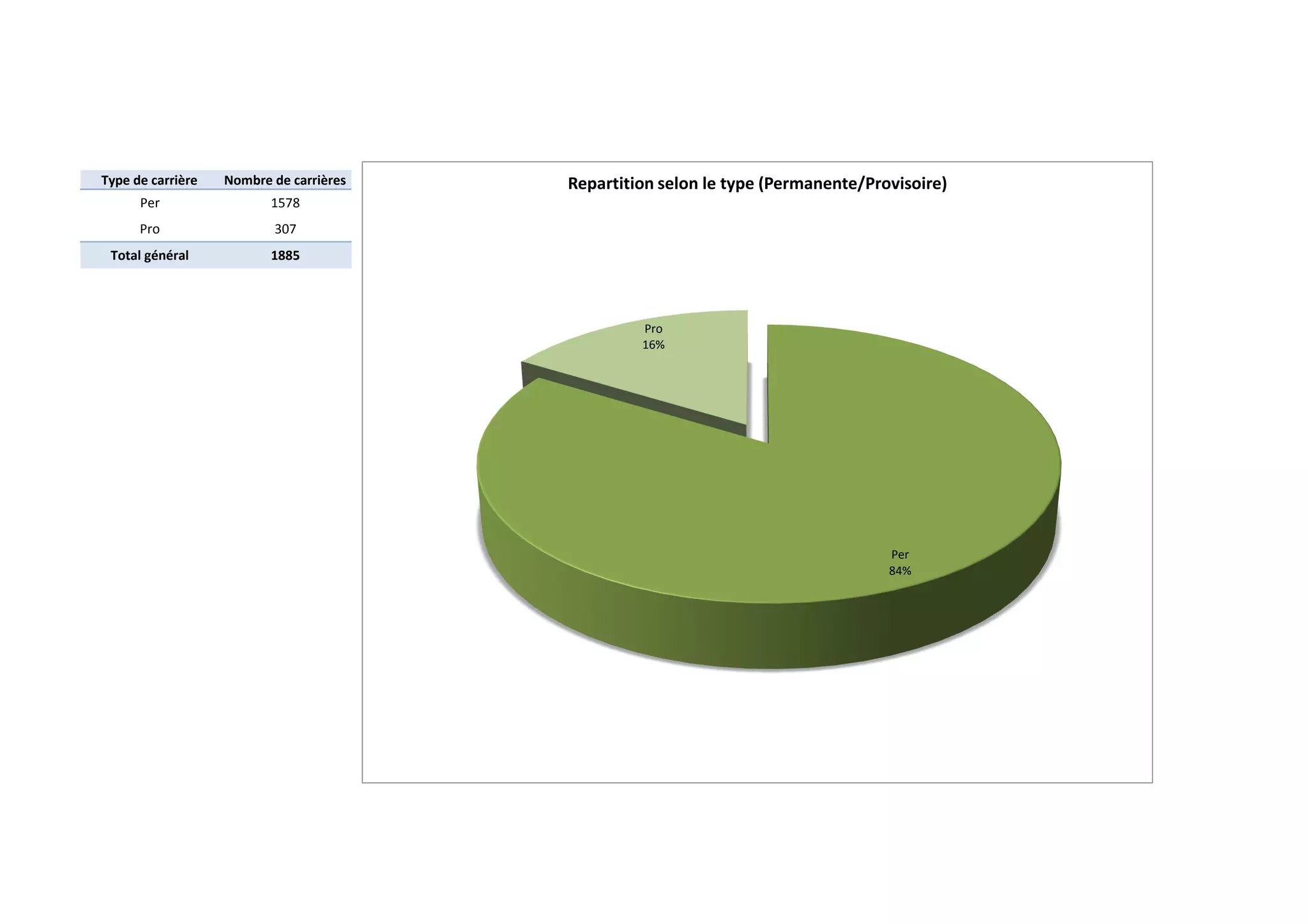 Type de carrière   Nombre de carrières   Repartition selon le type (Permanente/Provisoire)
      Per                 1578
      Pro                 307
 Total général            1885




                                                  Pro
                                                  16%




                                                                                  Per
                                                                                  84%
 