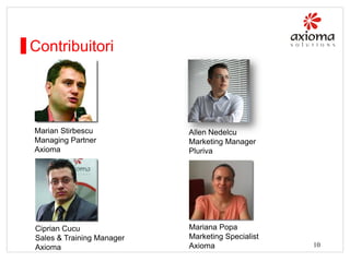 Contribuitori

Marian Stirbescu
Managing Partner
Axioma

Allen Nedelcu
Marketing Manager
Pluriva

Ciprian Cucu
Sales & Training Manager
Axioma

Mariana Popa
Marketing Specialist
Axioma

10

 