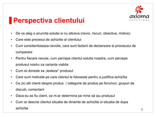 Perspectiva clientului
•

De ce aleg o anumita solutie si nu altceva (nevoi, riscuri, obiective, motive)

•

Care este procesul de achizitie al clientului

•

Cum consitientizeaza nevoile, care sunt factorii de declansare ai procesului de
cumparare

•

Pentru fiecare nevoie, cum percepe clientul solutia noastra, cum percepe
produsul nostru ca varianta viabila

•

Cum isi doreste sa „testeze” produsul

•

Care sunt motivele pe care clientul le foloseste pentru a justifica achizitia

•

Ce zic alti clienti despre produs / categorie de produs pe forumuri, grupuri de
discutii, comentarii

•

Daca eu as fiu client, ce m-ar determina pe mine să iau produsul

•

Cum ar descrie clientul situatia de dinainte de achizitie si situatia de dupa
achizitie

6

 