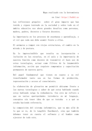 Mapa realizado con la herramienta 
on line: https://bubbl.us 
Las reflexiones grupales sobre el gran impacto que han 
tenido y siguen teniendo en la sociedad y sobre todo en el 
ámbito educativo nos abren grandes desafíos como personas, 
madres, padres, docentes y futuros docentes. 
La importancia en los procesos de enseñanza y aprendizaje, y 
el rol que cada uno debe asumir frente a ellas. 
El animarse a romper con viejas estructuras, el cambio en la 
mirada y de postura. 
En lo imprescindible que resulta su incorporación e 
inclusión en las escuelas, en el aula y la importancia de 
nuestra función como docente de transmitir el buen uso de 
estas tecnologías, actuar como filtros de la innumerable 
información, acción que requiere compromiso y capacitación 
permanente de nuestra parte. 
Del papel fundamental que tienen en cuanto a su rol 
transformador tanto sea en las formas de producción, 
representación y acceso al conocimiento. 
La elaboración de glosarios me permitió ubicarme frente a 
las nuevas tecnologías y saber de qué estoy hablando cuando 
estoy hablando valga la redundancia. Con esto me refiero a 
que en varias oportunidades introducía en mi lenguaje, 
conceptos sin tener idea de que se trataba o a qué se 
estaba haciendo referencia. 
La composición del sistema informático, que va más allá de 
lo que se ve, de lo tangible (hardware), sino que también 
debemos tener en cuenta el software y al hombre como 
ejecutor de todo esto. 
 
