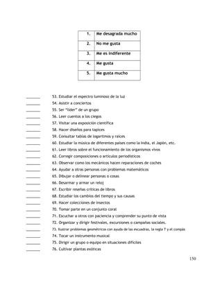 1. Me desagrada mucho
2. No me gusta
3. Me es indiferente
4. Me gusta
5. Me gusta mucho
_______ 53. Estudiar el espectro luminoso de la luz
_______ 54. Asistir a conciertos
_______ 55. Ser “líder” de un grupo
_______ 56. Leer cuentos a los ciegos
_______ 57. Visitar una exposición científica
_______ 58. Hacer diseños para tapices
_______ 59. Consultar tablas de logaritmos y raíces
_______ 60. Estudiar la música de diferentes países como la India, el Japón, etc.
_______ 61. Leer libros sobre el funcionamiento de los organismos vivos
_______ 62. Corregir composiciones o artículos periodísticos
_______ 63. Observar como los mecánicos hacen reparaciones de coches
_______ 64. Ayudar a otras personas con problemas matemáticos
_______ 65. Dibujar o delinear personas o cosas
_______ 66. Desarmar y armar un reloj
_______ 67. Escribir reseñas críticas de libros
_______ 68. Estudiar los cambios del tiempo y sus causas
_______ 69. Hacer colecciones de insectos
_______ 70. Tomar parte en un conjunto coral
_______ 71. Escuchar a otros con paciencia y comprender su punto de vista
_______ 72. Organizar y dirigir festivales, excursiones o campañas sociales.
_______ 73. Ilustrar problemas geométricos con ayuda de las escuadras, la regla T y el compás
_______ 74. Tocar un instrumento musical
_______ 75. Dirigir un grupo o equipo en situaciones difíciles
_______ 76. Cultivar plantas exóticas
150
 