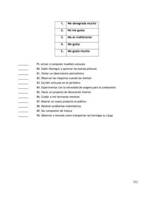 1. Me desagrada mucho
2. No me gusta
3. Me es indiferente
4. Me gusta
5. Me gusta mucho
_______ 79. Armar o componer muebles comunes
_______ 80. Saber distinguir y apreciar las buenas pinturas
_______ 81. Visitar un observatorio astronómico
_______ 82. Observar las máquinas cuando las montan
_______ 83. Escribir artículos en el periódico
_______ 84. Experimentar con la necesidad de oxígeno para la combustión
_______ 85. Hacer un proyecto de decoración interior
_______ 86. Cuidar a mis hermanos menores
_______ 87. Mostrar un nuevo producto al público
_______ 88. Resolver problemas matemáticos
_______ 89. Ser compositor de música
_______ 90. Observar a menudo como transportan las hormigas su carga
152
 