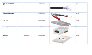 CABLE PAR TRENZADO O
UTP
1 MERCADO LIBRE 4.990
PONCHADORAS DE CABLE 1 MERCADO LIBRE 22.900
PLUGS RJ-45 1 MERCADO LIBRE 12.900
JACKS RJ-45 1 MERCADO LIBRE 8.800
FACEPLATES 1 Keystone jack MERCADO LIBRE 15.000
 