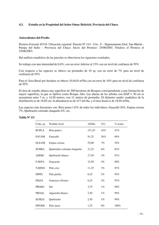 - 16 - 
4.3. Estudio en la Propiedad del Señor Omar Heitrich. Provincia del Chaco 
Antecedentes del Predio 
Permiso Forestal 45110. Ubicación catastral: Parcela Nº 114 - Circ. V - Departamento Gral. San Martín - 
Pampa del Indio - Provincia del Chaco. Inicio del Permiso: 25/06/2001. Finalizo el Permiso el 
25/06/2003. 
Del análisis estadístico de las parcelas se obtuvieron los siguientes resultados. 
Se trabajo con una intensidad de 0,4%, con un error inferior al 15% con un nivel de confianza de 95% 
Con respecto a las especies se obtuvo un promedio de 10 sp. con un error de 7% para un nivel de 
confianza de 95% 
Para el Área Basal por hectárea se obtuvo 10,4416 m²/ha con un error de 16% para un nivel de confianza 
de 95%. 
El área de estudio abarca una superficie de 200 hectáreas de Bosques correspondiente a una formación de 
mayor superficie, la que se tipificó como Bosque Alto. Las alturas de los arboles con DAP > 30 cm se 
encuentran entre 7 m. y 14,50 metros, con 11 metros de promedio. El diámetro medio cuadrático de la 
distribución es de 18,85 cm. la abundancia es de 417 arb./ha. y el área basal es de 18,94 m²/ha. 
Las especies más frecuentes son: Ibira puita-í 43% de todos los individuos, Guayaibí 26%, Espina corona 
7%, Quebracho colorado chaqueño 6%, etc. 
Tabla Nº 15: 
Code_sp Nombre local Arb/ha. [%] % acum. 
RUPLA Ibira puita-í 151,25 43% 43% 
PATAM Guayaibí 91,25 26% 69% 
GLEAM Espina corona 25,00 7% 76% 
SCHBA Quebracho colorado chaqueño 21,25 6% 82% 
ASPQU Quebracho blanco 17,50 5% 87% 
CAEPA Guayacán 12,50 4% 90% 
TABNO Palo cruz 11,25 3% 93% 
DIPFL Palo piedra 6,25 2% 95% 
PISZA Francisco Alvarez 6,25 2% 97% 
PROKU Itín 3,75 1% 98% 
PROAL Algarrobo blanco 2,50 1% 99% 
SCHLO Quebracho 2,50 1% 99% 
PHYRH Palo lanza 1,25 0% 100% 
 