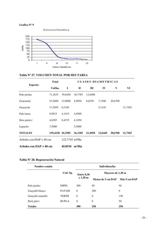 - 26 - 
Grafico Nº 9 
Tabla Nº 27. VOLUMEN TOTAL POR HECTAREA 
C L A S E S D I AME T R I C A S 
Especies 
Total 
Vol/ha. I II III IV V VI 
Palo piedra 71,2635 39,6450 18,7785 12,8400 
Guaraniná 53,5600 12,0000 4,9050 8,6550 7,3300 20,6700 
Guayacán 17,3695 0,3185 5,3145 11,7365 
Palo lanza 9,0915 4,1415 4,9500 
Ibira puitá-í 4,6385 0,4535 4,1850 
Lapacho 3,5000 3,5000 
TOTALES 159,4230 56,5585 36,3185 21,4950 12,6445 20,6700 11,7365 
Arboles con DAP < 40 cm 122,7745 m³/Ha 
Arboles con DAP > 40 cm 45,0510 m³/Ha 
Tabla Nº 28. Regeneración Natural 
Nombre común Individuos/ha 
Mayores de 1,30 m 
Cod. Sp. 
Entre 0,30 
y 1,30 m 
Menos de 5 cm DAP Más 5 cm DAP 
Palo piedra DIPFL 300 50 50 
Guayaibí blanco PATAM 0 200 0 
Guayaibí amarillo TERTR 0 0 150 
Ibirá pitá-ì RUPLA 0 0 50 
Totales 300 250 250 
 