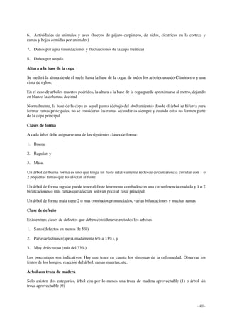 6. Actividades de animales y aves (huecos de pájaro carpintero, de nidos, cicatrices en la corteza y 
ramas y hojas comidas por animales) 
- 40 - 
7. Daños por agua (inundaciones y fluctuaciones de la capa freática) 
8. Daños por sequía. 
Altura a la base de la copa 
Se medirá la altura desde el suelo hasta la base de la copa, de todos los arboles usando Clinómetro y una 
cinta de nylon. 
En el caso de arboles muertos podridos, la altura a la base de la copa puede aproximarse al metro, dejando 
en blanco la columna decimal 
Normalmente, la base de la copa es aquel punto (debajo del abultamiento) donde el árbol se bifurca para 
formar ramas principales, no se consideran las ramas secundarias siempre y cuando estas no formen parte 
de la copa principal. 
Clases de forma 
A cada árbol debe asignarse una de las siguientes clases de forma: 
1. Buena, 
2. Regular, y 
3. Mala. 
Un árbol de buena forma es uno que tenga un fuste relativamente recto de circunferencia circular con 1 o 
2 pequeñas ramas que no afectan al fuste 
Un árbol de forma regular puede tener el fuste levemente combado con una circunferencia ovalada y 1 o 2 
bifurcaciones o más ramas que afectan solo un poco al fuste principal 
Un árbol de forma mala tiene 2 o mas combados pronunciados, varias bifurcaciones y muchas ramas. 
Clase de defecto 
Existen tres clases de defectos que deben considerarse en todos los arboles 
1. Sano (defectos en menos de 5%) 
2. Parte defectuoso (aproximadamente 6% a 33%), y 
3. Muy defectuoso (más del 33%) 
Los porcentajes son indicativos. Hay que tener en cuenta los síntomas de la enfermedad. Observar los 
frutos de los hongos, reacción del árbol, ramas muertas, etc. 
Arbol con troza de madera 
Solo existen dos categorías, árbol con por lo menos una troza de madera aprovechable (1) o árbol sin 
troza aprovechable (0) 
 