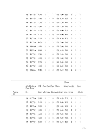 - 77 - 
46 PHYRH 36,30 1 1 1 1,30 14,00 6,50 1 2 1 
47 PHYRH 15,50 1 3 0 1,30 8,50 3,50 1 1 1 
48 PHYRH 11,70 1 3 0 1,30 7,50 5,00 1 1 1 
49 PATAM 12,40 1 3 0 1,30 7,50 3,00 1 1 1 
50 PHYRH 22,00 1 2 0 1,30 8,00 3,50 1 1 1 
51 PATAM 21,20 1 3 0 1,30 9,00 4,00 1 1 1 
52 PATAM 22,00 1 3 0 1,30 6,50 1,50 3 1 1 
53 PATAM 36,20 1 1 3 1,30 13,00 3,00 1 2 1 
54 GLEAM 15,30 1 3 0 1,30 7,00 3,00 1 1 1 
55 RUPLA 50,90 1 1 1 1,30 14,50 7,00 1 2 1 
56 PHYRH 27,80 1 1 0 1,30 13,50 5,00 1 1 1 
57 PHYRH 19,00 1 2 0 1,30 11,00 6,00 1 1 1 
58 PHYRH 27,50 1 1 0 1,40 12,00 6,00 1 1 1 
59 PHYRH 19,90 1 1 0 1,40 12,00 6,00 1 1 1 
60 GLEAM 27,20 1 3 2 1,30 6,50 3,00 2 2 1 
Altura 
Arbol Code_sp DAP Clase Clase Clase Altura Altura base de Clase 
Clase Troza 
Parcela Nro [cm.] arbol copa dañomedic. total copa forma defecto 
0-1 
61 ASTBA 28,80 1 1 0 1,30 14,50 3,50 1 1 1 
62 PHYRH 21,00 1 3 0 1,30 10,00 4,50 1 1 1 
63 RUPLA 92,00 1 1 1,30 14,00 4,50 1 1 1 
64 PHYRH 13,90 1 3 3 1,30 6,00 3,00 2 2 1 
65 PHYRH 16,60 1 2 0 1,30 7,00 3,50 1 1 1 
66 PHYRH 14,90 1 2 0 1,30 7,00 4,00 1 1 1 
67 PHYRH 23,10 1 2 0 1,30 6,50 2,50 2 1 1 
 