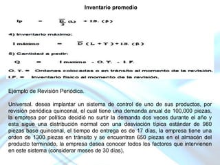 Inventario promedio

Ejemplo de Revisión Periódica.
Universal. desea implantar un sistema de control de uno de sus productos, por
revisión periódica quincenal, el cual tiene una demanda anual de 100,000 piezas,
la empresa por política decidió no surtir la demanda dos veces durante el año y
esta sigue una distribución normal con una desviación típica estándar de 980
piezas base quincenal, el tiempo de entrega es de 17 días, la empresa tiene una
orden de 1300 piezas en tránsito y se encuentran 650 piezas en el almacén del
producto terminado, la empresa desea conocer todos los factores que intervienen
en este sistema (considerar meses de 30 días).

 