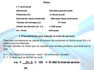 Datos:

1. Procedimiento para calcular el nivel de servicio:
Para esto normalmente se calcula el número de revisiones en forma anual (N) y lo
mismo para los faltantes.
En este ejemplo se indica que se requiere una revisión periódica quincenal por lo
que:
N = (12 meses) (2 revisiones / mes) = 24 revisiones / anuales
F = 2 veces que se decidió no surtir.

 