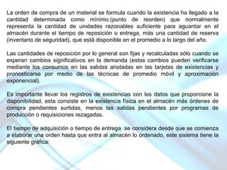 La orden de compra de un material se formula cuando la existencia ha llegado a la
cantidad determinada como mínimo.(punto de reorden) que normalmente
representa la cantidad de unidades razonables suficiente para aguantar en el
almacén durante el tiempo de reposición o entrega, más una cantidad de reserva
(inventario de seguridad), que está disponible en el promedio a lo largo del año.
Las cantidades de reposición por lo general son fijas y recalculadas sólo cuando se
esperan cambios significativos en la demanda (estos cambios pueden verificarse
mediante los consumos en las salidas anotadas en las tarjetas de existencias y
pronosticarse por medio de las técnicas de promedio móvil y aproximación
exponencial).
Es importante llevar los registros de existencias con los datos que proporcione la
disponibilidad, esta consiste en la existencia física en el almacén más órdenes de
compra pendientes surtidas, menos las salidas pendientes por programas de
producción o requisiciones rezagadas.
El tiempo de adquisición o tiempo de entrega se considera desde que se comienza
a elaborar una orden hasta que entra al almacén lo ordenado, este sistema tiene la
siguiente gráfica:

 