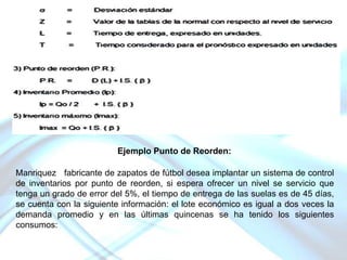 Ejemplo Punto de Reorden:
Manriquez fabricante de zapatos de fútbol desea implantar un sistema de control
de inventarios por punto de reorden, si espera ofrecer un nivel se servicio que
tenga un grado de error del 5%, el tiempo de entrega de las suelas es de 45 días,
se cuenta con la siguiente información: el lote económico es igual a dos veces la
demanda promedio y en las últimas quincenas se ha tenido los siguientes
consumos:

 