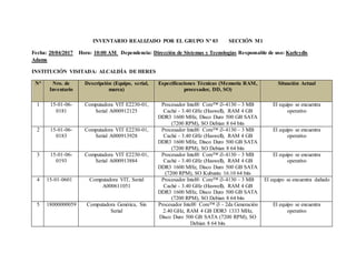 INVENTARIO REALIZADO POR EL GRUPO Nº 03 SECCIÓN M1
Fecha: 20/04/2017 Hora: 10:00 AM Dependencia: Dirección de Sistemas y T...