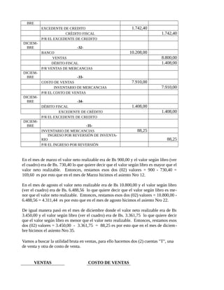 BRE
EXCEDENTE DE CREDITO 1.742,40
CRÈDITO FISCAL 1.742,40
P/R EL EXCEDENTE DE CREDITO
DICIEM-
BRE -32-
BANCO 10.208,00
VENTAS 8.800,00
DÈBITO FISCAL 1.408,00
P/R VENTAS DE MERCANCIAS
DICIEM-
BRE -33-
COSTO DE VENTAS 7.910,00
INVENTARIO DE MERCANCIAS 7.910,00
P/R EL COSTO DE VENTAS
DICIEM-
BRE -34-
DÈBITO FISCAL 1.408,00
EXCEDENTE DE CRÈDITO 1.408,00
P/R EL EXCEDENTE DE CREDITO
DICIEM-
BRE -35-
INVENTARIO DE MERCANCIAS 88,25
INGRESO POR REVERSIÒN DE INVENTA-
RIO 88,25
P/R EL INGRESO POR REVERSIÒN
En el mes de marzo el valor neto realizable era de Bs 900,00 y el valor según libro (ver
el cuadro) era de Bs. 730,40 lo que quiere decir que el valor según libro es mayor que el
valor neto realizable. Entonces, restamos esos dos (02) valores = 900 - 730,40 =
169,60 es por esto que en el mes de Marzo hicimos el asiento Nro 12.
En el mes de agosto el valor neto realizable era de Bs 10.800,00 y el valor según libro
(ver el cuadro) era de Bs. 6.488,56 lo que quiere decir que el valor según libro es me-
nor que el valor neto realizable. Entonces, restamos esos dos (02) valores = 10.800,00 -
6.488,56 = 4.311,44 es por esto que en el mes de agosto hicimos el asiento Nro 22.
De igual manera pasó en el mes de diciembre donde el valor neto realizable era de Bs
3.450,00 y el valor según libro (ver el cuadro) era de Bs. 3.361,75 lo que quiere decir
que el valor según libro es menor que el valor neto realizable. Entonces, restamos esos
dos (02) valores = 3.450,00 - 3.361,75 = 88,25 es por esto que en el mes de diciem-
bre hicimos el asiento Nro 35.
Vamos a buscar la utilidad bruta en ventas, para ello hacemos dos (2) cuentas "T", una
de venta y otra de costo de venta.
VENTAS COSTO DE VENTAS
 