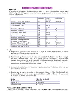 EJERCICIOS PRÁCTICOS DE INVENTARIO
Ejercicio 1
A continuación, se presenta el movimiento del producto “Camisa para caballeros marca Calvin
Klein” código H500IU67, perteneciente a la línea de ropa para caballeros de la entidad Comercial
Caracas, de Pedro Pérez.
Cantidad Costo
Unitario
Costo Total
Inventario inicial al 01/01/2019 56 180,00 10.080,00
Movimiento Año 2019
Compra mes de Enero 20 185,00
“ “ “ “ 25 186,50
Venta mes de Febrero 58 ¿? ¿?
Venta mes de Marzo 39 ¿? ¿?
Compra del mes de Abril 50 190,00
“ “ “ “ “ 65 192,00
Ventas del mes de Abril 25 ¿? ¿?
Ventas del mes de julio 34 ¿? ¿?
Ventas del mes de Septiembre 28 ¿? ¿?
Ventas del mes de Octubre 30 ¿? ¿?
Compras del mes de Noviembre 55 198,00 10.890,00
Ventas del mes de Diciembre 40 ¿? ¿?
Inventario final al 31/12/2019 ¿? ¿? ¿?
Se pide:
1. Registrar las operaciones antes descritas en la tarjeta de kardex utilizando tanto el método
PEPS, como el método Promedio Ponderado.
2. Considerando que la empresa vendió cada camisa en 220,00 Bs. Registre en el diario principal
las operaciones de compra y venta en las fechas indicadas, de acuerdo a cada uno de los
métodos anteriores. Para los registros contable considerar únicamente el sistema de inventario
continuo y un IVA de un 16% no incluido en el costo del producto ni en su respectivo precio de
venta. Todas las operaciones se realizan al contado.
3. Determine la utilidad bruta en ventas para el ejercicio económico finalizado el 31/12/2019 por
cada uno de los métodos.
4. Imagine que la empresa determinó en las siguientes fechas, el Valor Neto Realizable del
inventario. De ser necesario, deberá registrarse también la pérdida por deterioro del inventario o
la reversión del mismo, en caso de existir:
Fecha Valor Neto Realizable
Marzo 2019 Bs 900,00
Agosto 2019 Bs 10.800,00
Diciembre 2019 Bs 3.450,00
RESOLUCION DEL EJERCICIO N° 1
Debemos realizar una tarjeta Kardex, trabajaremos con el Método PEPS (Primero en Entrar Primero
 