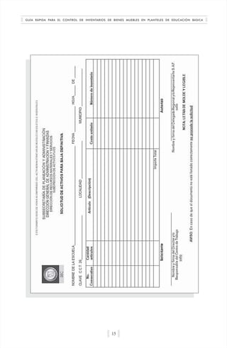 GUÍA RÁPIDA PARA EL CONTROL DE INVENTARIOS DE BIENES MUEBLES EN PLANTELES DE EDUCACIÓN BÁSICA
15
 