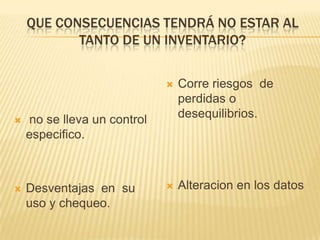 QUE CONSECUENCIAS TENDRÁ NO ESTAR AL
           TANTO DE UN INVENTARIO?


                                Corre riesgos de
                                 perdidas o
   no se lleva un control       desequilibrios.
    especifico.



   Desventajas en su           Alteracion en los datos
    uso y chequeo.
 