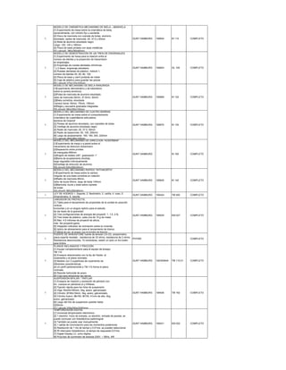 MODELO DE CINEMÁTICA MECANISMO DE BIELA – MANIVELA
    [1] Experimento de mesa sobre la cinemática de biela,
    opcionalmente, con cilindro fijo u oscilante
    [2] Disco de manivela con cojinete de bolas, aluminio
1   eloxidado, radios de manivela: 25, 37,5 y 50mm                            GUNT HAMBURG   190644      KI 110      COMPLETO
    [3] Biela de aluminio eloxidado negro
    Largo: 120, 140 y 160mm
    [4] Placa de base pintada con asas metálicas
    [5] LxAnxAl: 380x280x60mm
    MODELO DE DEMOSTRACIÓN DE UN TREN DE ENGRANAJES
    [1] Experimento de mesa para la relación entre el
    número de dientes y la proporción de transmisión
    en engranajes
    [2] Engranaje de ruedas dentadas cilíndricas
1   1 y 2 fases, engranaje planetario                                         GUNT HAMBURG   190643      GL 105      COMPLETO
    [3] Ruedas dentadas de plástico, módulo 1,
    número de dientes 40, 60, 80, 100
    [4] Placa de base y carril portante de metal
    [5] Caja de plástico para guardar las piezas
    [6] LxAnxAl 375x120x100mm
    MODELO DE MECANISMO DE BIELA RANURADA
    [1]Experimento demostrativo y de laboratorio
    sobre la carrera armónica
    [2]Polea de manivela de aluminio eloxidado,
1   radio de manivela 25mm, 37.5mm, 50mm                                      GUNT HAMBURG   190669      KI 120      COMPLETO
    [3]Biela corrediza, eloxidada
    Carrera inicial: 50mm, 75mm, 100mm
    [4]Regla y escuadra graduada integradas
    [5]LxAnxAl 380x280x100mm
    MODELO DEL MECANISMO DE CUATRO BARRAS
    [1] Experimento de mesa sobre el comportamiento
    cinemático de cuadriláteros articulados,
    teorema de Grashof
1   [2] Poleas de aluminio eloxidado, con cojinetes de bolas                  GUNT HAMBURG   190670      KI 130      COMPLETO
    [3} Varillaje de aluminio eloxidado negro
    [4] Radio de manivela: 25, 37.5, 50mm
    [5] Radio de balancines: 50, 100, 200mm
    [6] Largo de acoplamiento: 160, 180, 200, 220mm
    [7] LxAnxAl 380x280x100mm
    MODELO DEL MECANISMO DE DIRECCIÓN ―ACKERMAN‖
    [1]Experimento de mesa o a pared sobre el
    mecanismo de dirección Ackermann
    [2]Separación entre pivotes
    de mangueta 465mm
1                                                                             GUNT HAMBURG               KI 160      COMPLETO
    [3]Ángulo de doblez ±50°, graduación 1°
    [4]Barra de acoplamiento dividida,
    largo regulable individualmente
    [5]Varillaje de dirección de aluminio
    [6]LxAnxAl 630x280x50mm
    MODELO DEL MECANISMO RÁPIDO ―WITHWORTH‖
    [1]Experimento de mesa sobre la carrera
    irregular de una biela corrediza en rotación
    [2]Radio de manivela 46mm,
1                                                                             GUNT HAMBURG   190645      KI 140      COMPLETO
    radio de bucle 55mm, largo de biela 145mm
    [3]Manivela, bucle y biela sobre cojinete
    de bolas
    [4]LxAnxAl 360x280x60mm
    LEY DE HOOKES 1. Soporte, 2. flexómetro, 3. varilla, 4. nuez, 5.
1                                                                             GUNT HAMBURG   195424      TM 400      COMPLETO
    Dinamómetro, 6. resorte.
    LANZADOR DE PROYECTIL
    [1] Tabla para el lanzamiento de proyectiles de la unidad en posición
    vertical,
    horizontal y en un ángulo óptimo para el estudio
    de las leyes de la gravedad
1   [2] Tres configuraciones de energía del proyectil: 1, 1,5, 2.5j           GUNT HAMBURG   195425      EM 027      COMPLETO
    [3] Tres bolas de plástico, cada una de 10 g de masa
    [4] Max. 4,5 millones de proyectil de altura,
    máx. 9m proyectil gama
    [5] Integrado indicador de inclinación sobre la vivienda
    [6] óptico de alineamiento para el lanzamiento de blanco
    [7] Metal de pie, el apego con el tornillo de fijación
    PUENTE DE WHEASTONE fuente de tensión CA-CD, amperimetro,
    placa soporte reostato , resistencia de 33 ohms, resistencia de 2 ohms,
1                                                                             PHYWE                                  COMPLETO
    Resistencia desconocida, 10 conectores, switch un polo un tiro botón
    para timbre
    PLANOS INCLINADOS Y FRICCIÓN
    [1] Equipo complementario para el equipo de ensayo
    TM 110
    [2] Ensayos relacionados con la ley de Hooke, el
    rozamiento y el plano inclinado
1   [3] Modelo con 3 superficies de rozamiento de                             GUNT HAMBURG   14E00494A   TM 110.01   COMPLETO
    diferentes características
    [4] Un perfil perteneciente a TM 110 forma el plano
    inclinado
    [5] Resorte helicoidal de acero
    [6] Caja para almacenar las piezas
    SUSPENSIÓN BIFILAR / TRIFILAR
    [1] Ensayos de rotación y oscilación de péndulo con
    div. cuerpos en péndulos bi y trifilares
    [2] Fijación rápida para los hilos de suspensión
    [3] Viga: 40x40x160mm, 2kg, acero, galvanizado
1   [4] Cilindro: Ø160x19mm, 3kg, acero, galvanizado                          GUNT HAMBURG   195426      TM 162      COMPLETO
    [5] Cilindro hueco: Øe160, Øi100, 41mm de alto, 4kg,
    acero, galvanizado
    [6] Largo del hilo de suspensión posible hasta
    2000mm
    [7] LxAnxAl 205x200x(2000)mm
    TEMPORIZADOR DIGITAL
    [1] Universal temporizador electrónico
    [2] 1 electrón. Inicio de entrada, un electrón. entrada de parada, se
    puede conmutar con fotoeléctrica switchsignal
    [3] También se puede usar manualmente
1                                                                             GUNT HAMBURG   195431      EM 022      COMPLETO
    [4] 1 salida de conmutación para los momentos posteriores
    [5] Resolución de 1 ms de tiempo y 0.01ms, se pueden seleccionar
    [6] IR interruptor fotoeléctrico, el tiempo de respuesta 0.01ms
    [7] Digital Display LC, ocho dígitos
    [8] Plug-tipo de suministro de energía 230V, ~ 50Hz, 4W
 