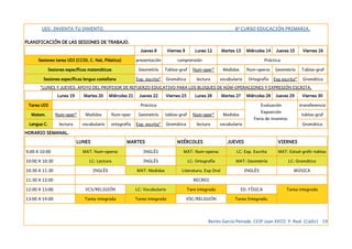 UDI: INVENTA TU INVENTO. 6º CURSO EDUCACIÓN PRIMARIA.
PLANIFICACIÓN DE LAS SESIONES DE TRABAJO.
Jueves 8 Viernes 9 Lunes 12 Martes 13 Miércoles 14 Jueves 15 Viernes 16
Sesiones tarea UDI (CCSS, C. Nat, Plástica) presentación comprensión Práctica
Sesiones específicas matemáticas Geometría Tablas-graf Num-oper* Medidas Num-operac Geometría Tablas-graf
Sesiones específicas lengua castellana Exp. escrita* Gramática lectura vocabulario Ortografía Exp escrita* Gramática
*LUNES Y JUEVES: APOYO DEL PROFESOR DE REFUERZO EDUCATIVO PARA LOS BLOQUES DE NÚM-OPERACIONES Y EXPRESIÓN ESCRITA.
Lunes 19 Martes 20 Miércoles 21 Jueves 22 Viernes 23 Lunes 26 Martes 27 Miércoles 28 Jueves 29 Viernes 30
Tarea UDI Práctica Evaluación
Exposición
Feria de inventos.
transferencia
Matem. Num-oper* Medidas Num-oper Geometría tablas-graf Num-oper* Medidas tablas-graf
Lengua C. lectura vocabulario ortografía Exp. escrita* Gramática lectura vocabulario Gramática
HORARIO SEMANAL.
LUNES MARTES MIÉRCOLES JUEVES VIERNES
9:00 A 10:00 MAT: Num-operac INGLÉS MAT: Num-operac LC: Exp. Escrita MAT: Estad-gráfc-tablas
10:00 A 10:30 LC: Lectura INGLÉS LC: Ortografía MAT: Geometría LC: Gramática
10:30 A 11:30 INGLÉS MAT: Medidas Literatura. Exp Oral INGLÉS MÚSICA
11:30 A 12:00 RECREO
12:00 A 13:00 VCS/RELIGIÓN LC: Vocabulario Tare integrada ED. FÍSICA Tarea integrada
13:00 A 14:00 Tarea integrada Tarea integrada VSC/RELIGIÓN Tarea Integrada.
Benito García Peinado. CEIP Juan XXIII. P. Real. (Cádiz) 19
 