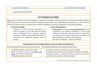 UDI: INVENTA TU INVENTO. 6º CURSO EDUCACIÓN PRIMARIA.
presentación del producto final.
ACTIVIDADES DE CIERRE.
Tres sesiones de trabajo. En estas fases trabajamos la exposición de resultados y evaluamos el producto y proceso desarrollado mediante la
rúbrica de la tarea.. Invitamos a las familias del alumnado que pueda asisitir a las presentaciones de los productos y a visitar la feria de
inventos. Por último, hacemos un recorrido por los contenidos abordados en la unidad y repensamos en lo que hemos aprendido.
• FASE DE EVALUACIÓN.
◦ Asistimos a la feria de inventos organizada en el
pasillo del colegio en la que cada grupo de alumnos
hacen su presentación de los inventos y productos
realizados. Se adjunta vídeo explicativo del producto y
presentación de diapositivas generada sobre el
proceso.
• FASE DE TRANSFERENCIA.
◦ Construiremos en gran grupo, un texto de finalización en el que
se desaque lo que sabíamos inicialmente y lo que hemos
cambiado en nuestra idea sobre los inventos y su importancia
en el desarrollo de la sociedad. Elaboramos una entrada en los
blogs inividuales que resuma el trabajo realizado.
◦ Para seguir investigando... ¿Qué es una patente?
PROGRAMACIÓN DE ACTIVIDADES ESPECÍFICAS PARA LAS ÁREAS INSTRUMENTALES.
ACTIVIDADES ESPECÍFICAS DE LENGUA CASTELLANA ACTIVIDADES ESPECÍFICAS DEL ÁREA DE MATEMÁTICAS
• La biografía. Biografía de Tomás Alba Edison.
• Bloque: Plan lector: Lectura de La máquina del
tiempo, de H.G. Wells. (fragmentos)
• Vocabulario específico de la unidad.
• Uso de dinero: Precios de materiales. Precios del producto.
• Conceptos económicos básicos: Capital, financiar, beneficio, porcentaje,...
• Analizaremos gráficos y estudios estadísticos sobre los tres sectores
económicos de la sociedad en Andalucía y España.
Benito García Peinado. CEIP Juan XXIII. P. Real. (Cádiz) 22
 