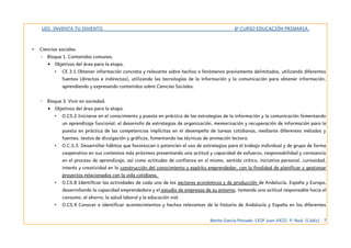 UDI: INVENTA TU INVENTO. 6º CURSO EDUCACIÓN PRIMARIA.
• Ciencias sociales.
◦ Bloque 1. Contenidos comunes.
▪ Objetivos del área para la etapa.
• CE 3.1 Obtener información concreta y relevante sobre hechos o fenómenos previamente delimitados, utilizando diferentes
fuentes (directas e indirectas), utilizando las tecnologías de la información y la comunicación para obtener información,
aprendiendo y expresando contenidos sobre Ciencias Sociales.
◦ Bloque 3. Vivir en sociedad.
▪ Objetivos del área para la etapa.
• O.CS.2 Iniciarse en el conocimiento y puesta en práctica de las estrategias de la información y la comunicación fomentando
un aprendizaje funcional, el desarrollo de estrategias de organización, memorización y recuperación de información para la
puesta en práctica de las competencias implícitas en el desempeño de tareas cotidianas, mediante diferentes métodos y
fuentes, textos de divulgación y gráficos, fomentando las técnicas de animación lectora.
• O.C.S.3. Desarrollar hábitos que favorezcan o potencien el uso de estrategias para el trabajo individual y de grupo de forma
cooperativa en sus contextos más próximos presentando una actitud y capacidad de esfuerzo, responsabilidad y constancia
en el proceso de aprendizaje, así como actitudes de confianza en sí mismo, sentido crítico, iniciativa personal, curiosidad,
interés y creatividad en la construcción del conocimiento y espíritu emprendedor, con la finalidad de planificar y gestionar
proyectos relacionados con la vida cotidiana.
• O.CS.8 Identificar las actividades de cada uno de los sectores económicos y de producción de Andalucía, España y Europa,
desarrollando la capacidad emprendedora y el estudio de empresas de su entorno, tomando una actitud responsable hacia el
consumo, el ahorro, la salud laboral y la educación vial.
• O.CS.9 Conocer e identificar acontecimientos y hechos relevantes de la historia de Andalucía y España en los diferentes
Benito García Peinado. CEIP Juan XXIII. P. Real. (Cádiz) 7
 