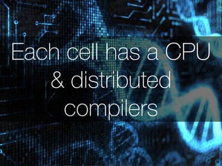 DNA = High density 
storage 
700TB / gram 
Equivalent to 150 kilos of 
230 3TB hard drives 
 