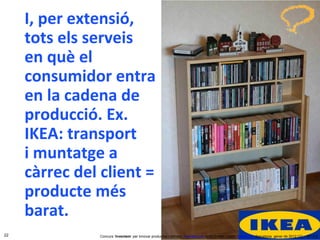 I, per extensió, tots els serveis  en què el consumidor entra en la cadena de producció. Ex. IKEA: transport  i muntatge a càrrec del client = producte més barat. Concurs ‘ Inventem ’ per innovar productes i serveis.  inventem.cat   Jordi Graells Costa.  graells.cat . Barcelona, gener de 2012 CC – BY 3.0 