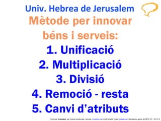 Univ. Hebrea de Jerusalem Concurs ‘ Inventem ’ per innovar productes i serveis.  inventem.cat   Jordi Graells Costa.  graells.cat . Barcelona, gener de 2012 CC – BY 3.0 