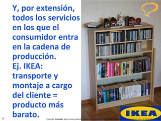 Y, por extensión, todos los servicios en los que el consumidor entra en la cadena de producción.  Ej. IKEA: transporte y montaje a cargo del cliente = producto más barato. Concurso ‘ Inventem ’ para innovar productos y servicios.  inventem.cat   Jordi Graells Costa.  graells.cat . Barcelona, enero de 2012 CC – BY 3.0 