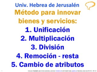 Univ. Hebrea de Jerusalén Concurso ‘ Inventem ’ para innovar productos y servicios.  inventem.cat   Jordi Graells Costa.  graells.cat . Barcelona, enero de 2012 CC – BY 3.0 