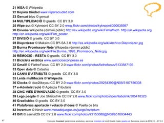 21 IKEA ©  Wikipedia 22 Repara Ciudad   www.reparaciudad.com   23 Gencat bloc  ©   gencat  24 MULTIPLICACIÓ  ©   graells  CC BY 3.0 25 Wipe out   ©  Kyknoord  CC BY 2.0  www.flickr.com/photos/kyknoord/390035987   26 Cinema  Wikipedia (domini públic)  http://sv.wikipedia.org/wiki/Filmaffisch   http://ar.wikipedia.org   http://en.wikipedia.org/wiki/Film_poster   27 DIVISIÓ  ©   graells  CC BY 3.0 28 Diepvriezer   ©  Maksim  CC BY-SA 3.0  http://es.wikipedia.org/wiki/Archivo:Diepvriezer.jpg   29 Burma Promissory Note  Wikipedia (domini públic)  http://en.wikipedia.org/wiki/File:Burma_1926_Promissory_Note.jpg   30 REMOCIÓ - RESTA  ©   graells  CC BY 3.0 31 Bicicleta estàtica   www.ejerciciosconpesas.es   32 Gmail!  ©   FixtheFocus   CC BY 2.0  www.flickr.com/photos/fixthefocus/6133587103   33 Open data ©  Catastro 34 CANVI D’ATRIBUTS  ©   graells  CC BY 3.0 35 Lents multifocals © Wikipedia 36 Clocks  ©   blue2likeyou  CC BY 2.0  www.flickr.com/photos/29254399@N08/3187186308   37 e-Administració  ©   Agéncia Tributària  38 CINC VIES D’INNOVACIÓ  ©   graells  CC BY 3.0 39 Lego people  © Joe Shlabotnik CC BY 2.0  www.flickr.com/photos/joeshlabotnik/305410323   40 Graellsbloc  ©   graells  CC BY 3.0 41 Plataforma aportació i votació d’idees   ©   Paella de bits 42 Inventum  ©   Nevir  www.mesadejuegos.es/juego/inventum   43 Gift  © asenat29 CC BY 2.0  www.flickr.com/photos/72153088@N08/6510934443   