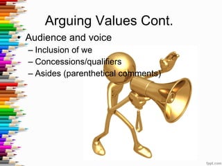 Arguing Values Cont.  Audience and voice Inclusion of we Concessions/qualifiers Asides (parenthetical comments) 