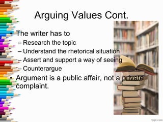 Arguing Values Cont. The writer has to  Research the topic Understand the rhetorical situation Assert and support a way of seeing Counterargue Argument is a public affair, not a private complaint. 